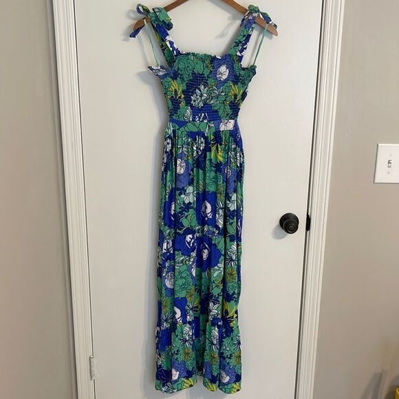 JAPNA BLUE GREEN FLORAL CUTOUT SMOCKED TIERED MAXI DRESS SIZE LARGE - Picture 2 of 10